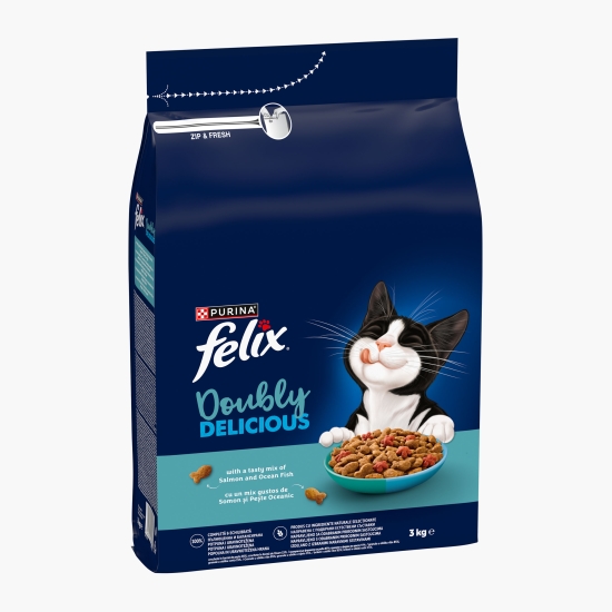 Felix Hrană uscată pentru pisici Adult, 3kg, Doubly Delicious, cu somn, pește oceanic și sfeclă roșie