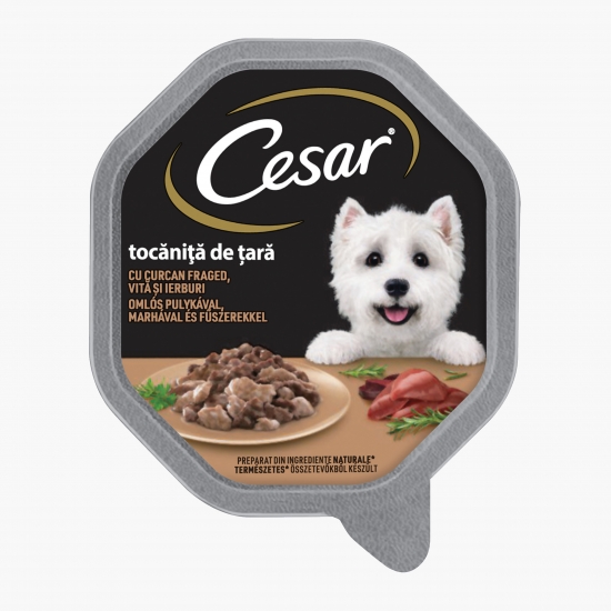 Cesar Hrană umedă pentru câini adulți, 150g, cu curcan și vită (cu Genius)