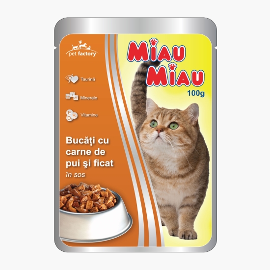 Miau Miau Hrană umedă pentru pisici, 100g, cu carne de pui și ficat