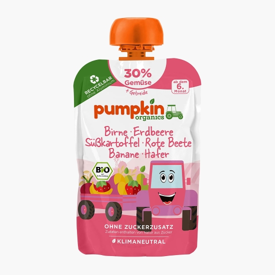 PUMPKIN ORGANICS Piure BIO de pere, căpșuni, cartofi dulci, sfeclă roșie, banane și ovăz, +6 luni, 100g (cu Genius)
