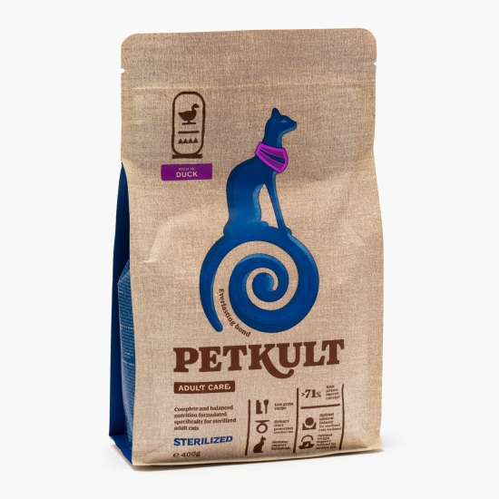 Petkult Hrană uscată Adult Care Sterilized pentru pisici, cu conținut ridicat de rață 400g (cu Genius)