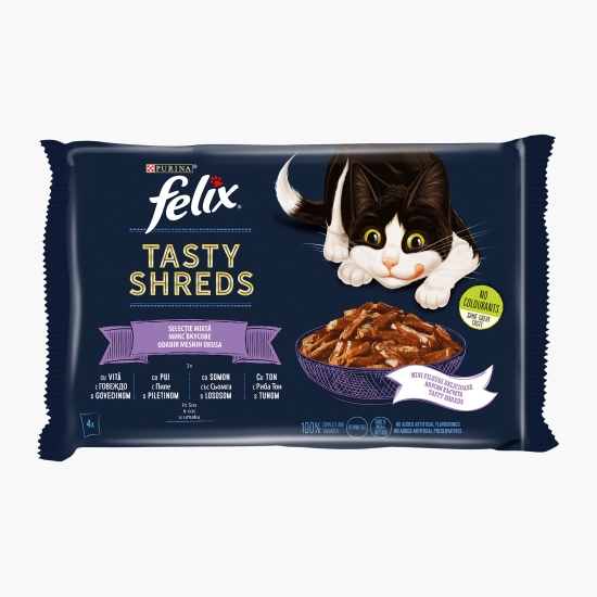 Felix Hrană umedă pentru pisici adulte Tasty Shreds, 4x80g, mix de arome (vită, pui, somon și ton)
