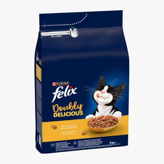 Felix Hrană uscată pentru pisici Adult, 3kg, Doubly Delicious, cu pui, curcan și sfeclă roșie