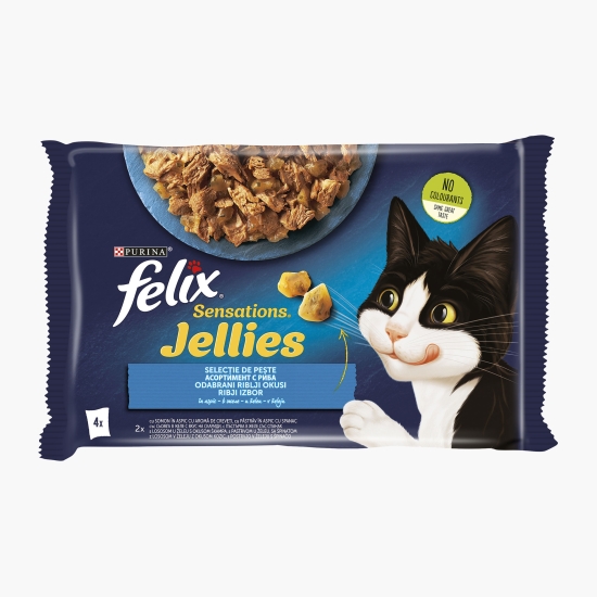 Felix Hrană umedă pentru pisici, 4x85g, Sensations cu somon cu creveți și păstrăv cu spanac în aspic