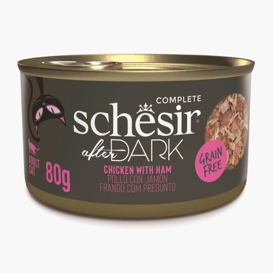 Schesir Hrană umedă pentru pisici adulte After Dark, supă cu pui și șuncă, 80g