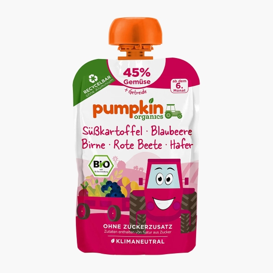 PUMPKIN ORGANICS Piure BIO de cartofi dulci, afine, pere, sfeclă roșie și ovăz 100g, +6 luni (cu Genius)