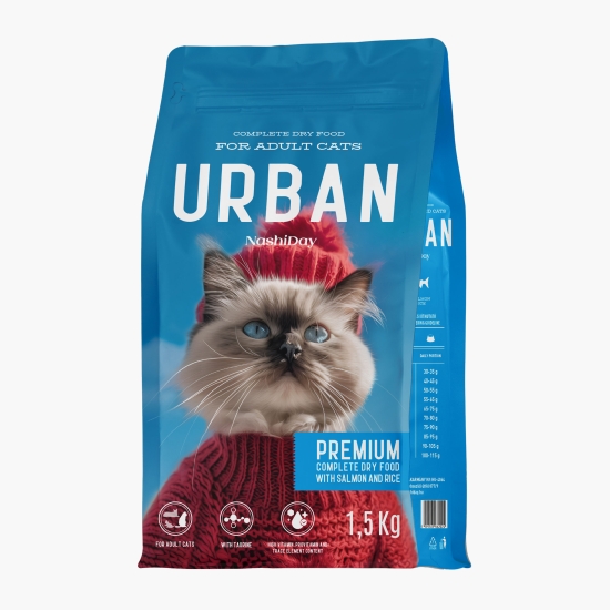 URBAN Hrană uscată NashiDay Cat Premium pentru pisici, cu somon și orez, 1.5kg (cu Genius)