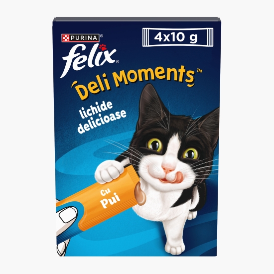 Felix Recompense lichide pentru pisici, cu pui Deli Moments 4x10g (cu Genius)