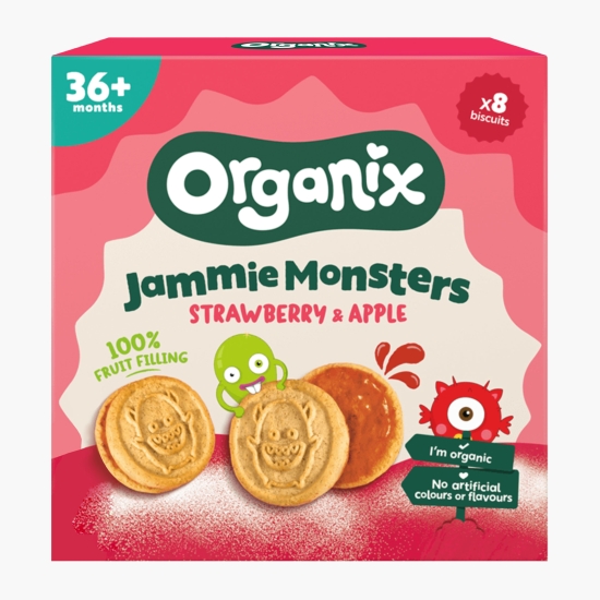 Organix Biscuiți BIO pentru copii, cu umplutură de căpșuni și mere, +3 ani, 64g (cu Genius)