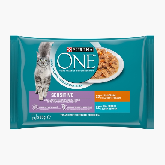 Purina One Hrană umedă pentru pisici, 4x85g, One Sensitive Multipack cu pui/ton și morcovi