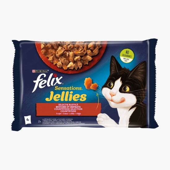 Felix Hrană umedă pentru pisici, 4x85g,  Sensations cu vită în aspic cu roșii și pui în aspic cu morcov