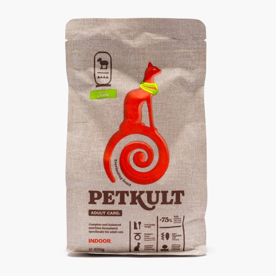 Petkult Hrană uscată pentru pisici adulte de interior Adult Care Indoor, cu miel 400g (cu Genius)