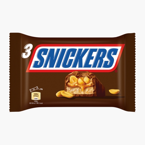 Snickers Batoane de ciocolată cu lapte, cu caramel și alune prăjite, 3x50g (cu Genius)