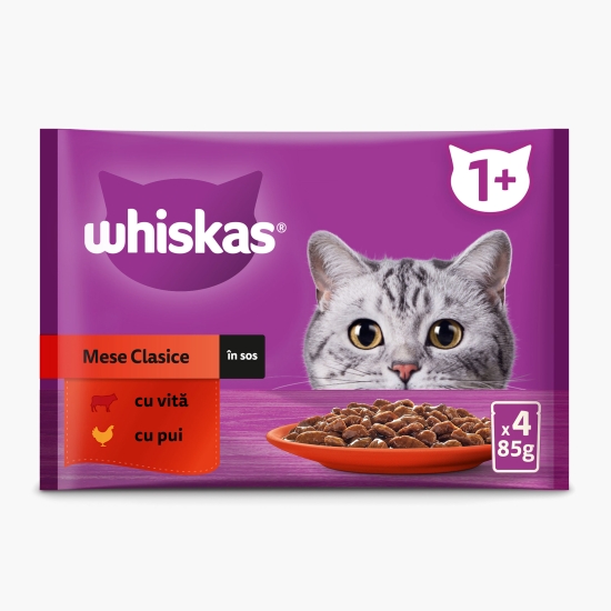 Whiskas Hrană umedă pentru pisici adulte, 4x85g, selecții clasice în sos de carne