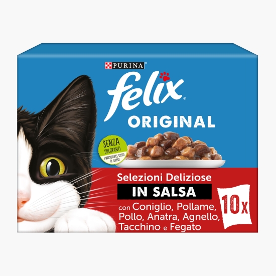 Felix Hrană umedă pentru pisici, 10x85g, mix de arome (iepure, pasăre, pui, rață, miel, curcan și ficat) (cu Genius)
