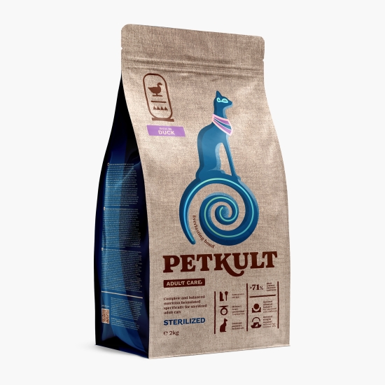Petkult Hrană uscată pentru pisici sterilizate Adult Care, cu conținut ridicat de rață, 2kg (cu Genius)