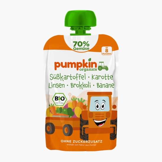 PUMPKIN ORGANICS Piure BIO de cartof dulce, morcov, linte, brocoli și banane, 8+ luni, 100g (cu Genius)