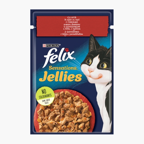 Felix Hrană umedă pentru pisici, 85g, Sensations cu vită și roșii în aspic