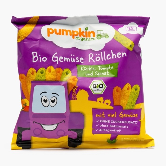 PUMPKIN ORGANICS Snack BIO tubulețe din porumb cu dovleac, roșii și spanac, +12 luni, 20g (cu Genius)