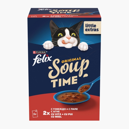 Felix Pachet mix hrană complementară pentru pisici Soup Farm Selection (vită, pui, miel) 6x48g (cu Genius)