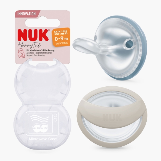 Nuk Suzete din silicon Mommy Feel, 0-9 luni, Albastru & Crem, 2 buc