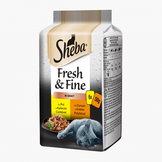 Sheba Hrană umedă pentru pisici adulte, 6x50g, cu pui, curcan și somon