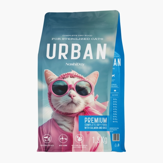 URBAN Hrană uscată NashiDay Cat Premium pentru pisici sterilizate, cu somon și orez, 1.5kg (cu Genius)