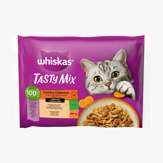 Whiskas Hrană umedă pentru pisici, 4x85g, Tasty Mix cu miel, pui și morcov, vită și pasăre, în sos