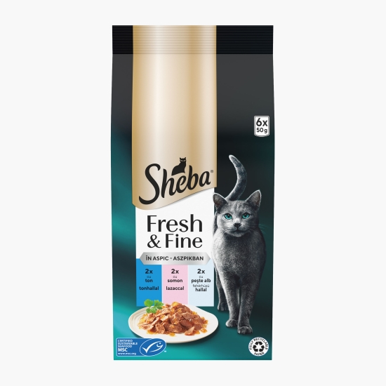 Sheba Hrană umedă pentru pisici, 6x50g, Fresh & Fine cu ton, somon și pește alb, în aspic