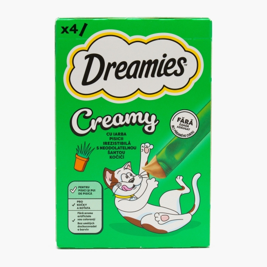 Dreamies Recompense pentru pisici 4x10g, Creamy cu iarba pisicii (cu Genius)