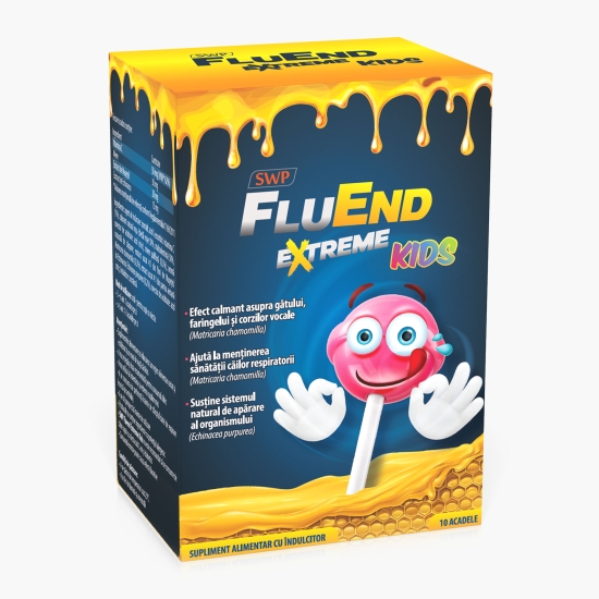 Sun Wave Pharma Fluend Extreme Kids, supliment alimentar pentru calmarea gâtului, 10 acadele (cu Genius)