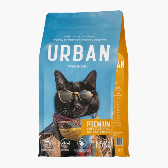 URBAN Hrană uscată NashiDay Cat Premium pentru pisici sterilizate, cu pui și orez, 1.5kg (cu Genius)