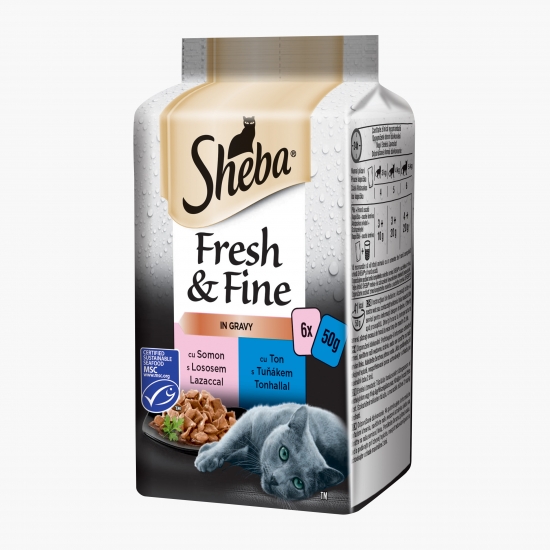 Sheba Hrană umedă pentru pisici adulte, 6x50g, cu somon, ton și păstrăv