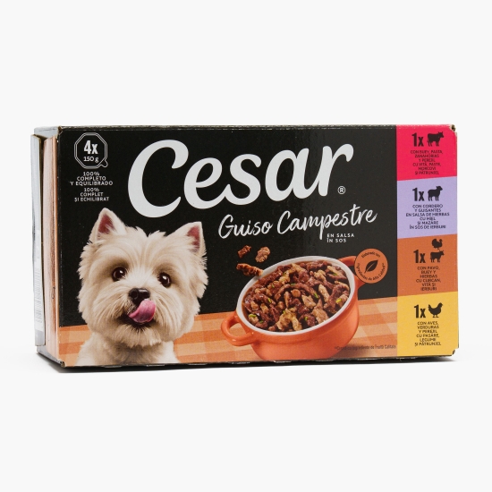 Cesar Hrană umedă pentru câini adulți 4x150g, cu vită, miel, curcan și vită și pasăre