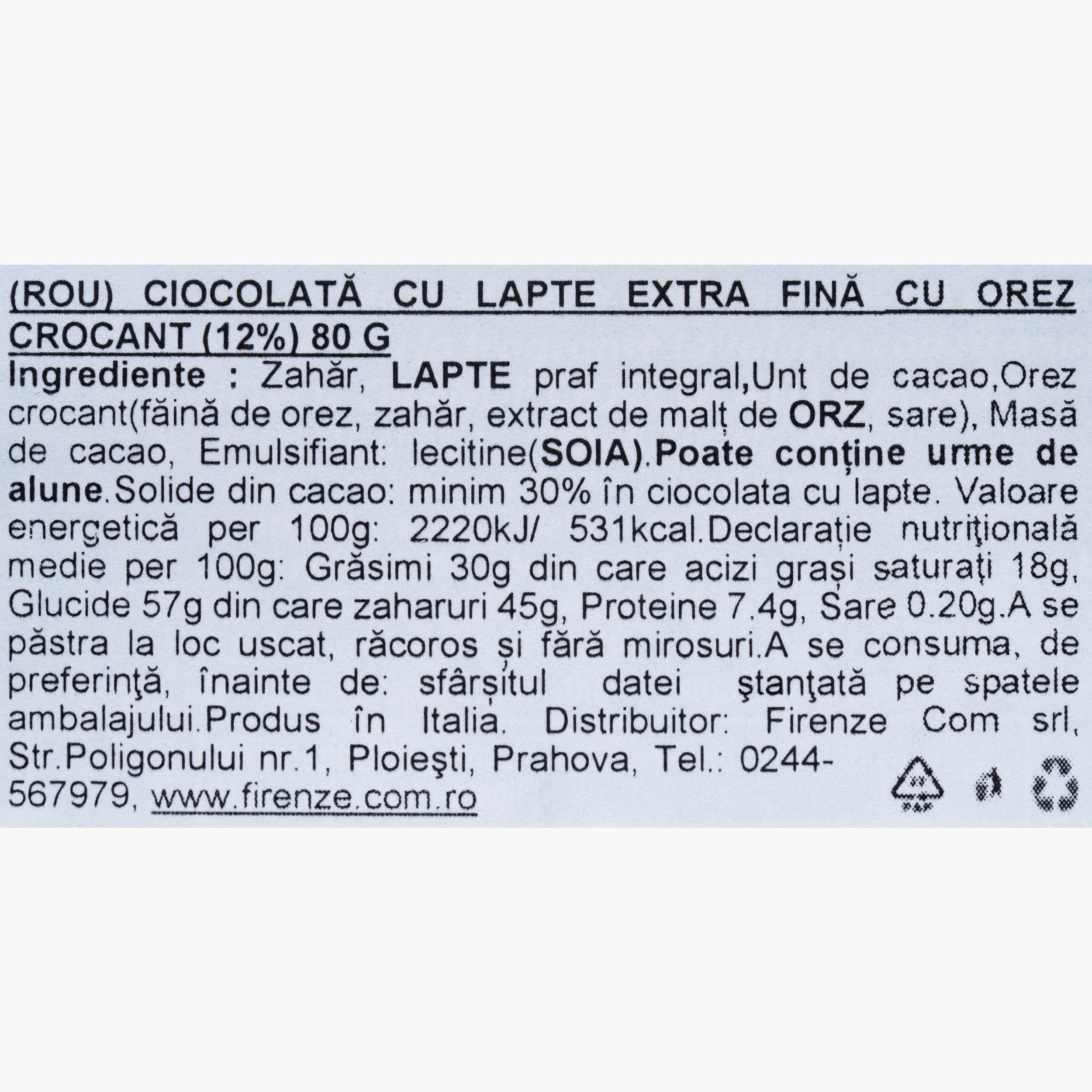 Ciocolată cu lapte extrafină, cu orez crocant 80g - Prospețime și