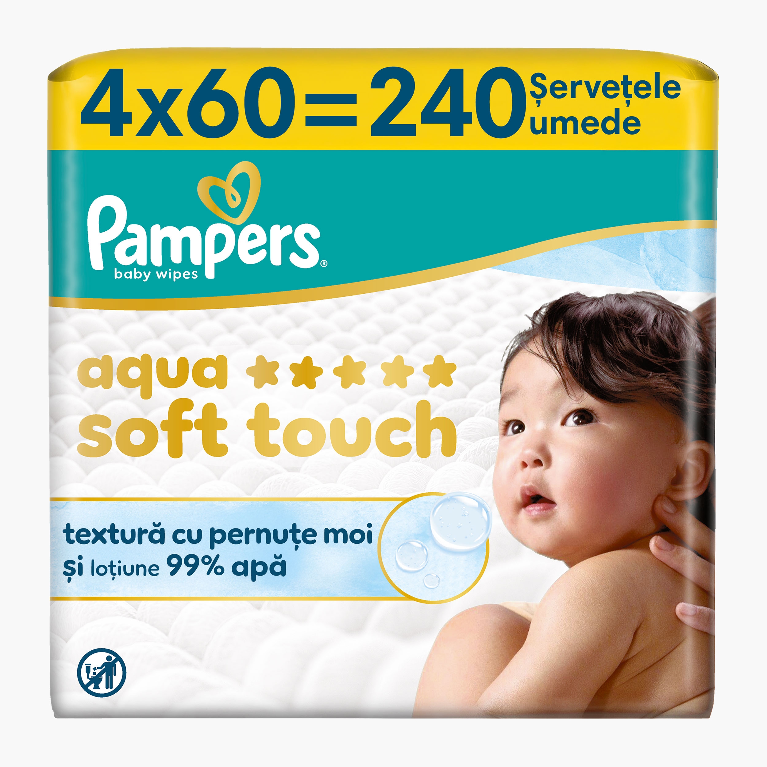Șervețele umede pentru bebeluși, Aqua Soft Touch, 4 pachete x 60