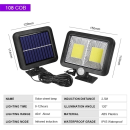 Lampă solară cu senzor de mișcare, 108 COB LED, 2 grile, 2400lm, ip65, negru