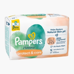 Șervețele umede Harmonie Protect & Care, 3 pachete x 44 buc, 132 buc, 0% plastic
