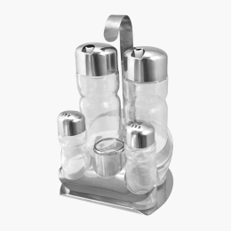 Olivieră Gastro din inox și sticlă, cu suport pentru scobitori, 5 piese