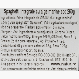 Paste Spaghetti integrale din grâu cu alge marine, eco, 250g