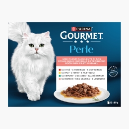 Hrană umedă pentru pisici Gourmet Perle Mini fileuri în sos, plicuri 12x85g, mix de arome (vită, pui, iepure, somon)