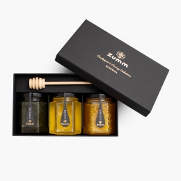 Cutie 3 specialități din miere (miere cu spirulină, miere de salcâm și miere cu lavandă) 750g