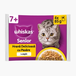 Hrană umedă pentru pisici senioare, 4x85g, cu pasăre în aspic 