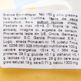 Brânză Emmentaler felii fără lactoză 45% grăsime 150g