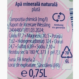 Apa minerală naturală plată, sticlă, 0.75l