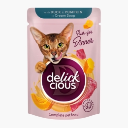 Hrană umedă pentru pisici, cu rață și dovleac în supă cremă, 85g