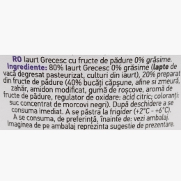 Iaurt grecesc cu fructe de pădure, 0% grăsime, 150g