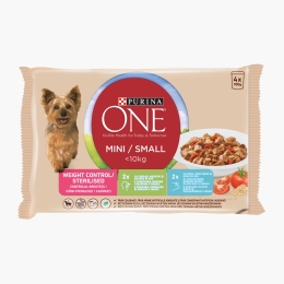 Hrană umedă pentru câini, 4x100g, Controlul Greutății curcan, morcovi, mazare în sos și porc, orez brun, roșii în sos