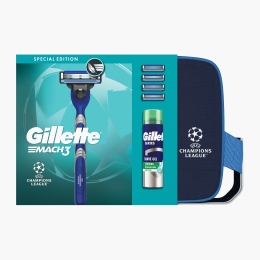 Set cadou UEFA Champions League Special Edition Mach3 (aparat de ras + mâner + 3 rezerve + spumă de ras Sensitive cu aloe vera 200ml