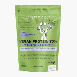 Pulbere proteică eco Vegan Protein 70% - Probiotic & Prebiotic, cu gust de cookies cu ciocolată, 500g